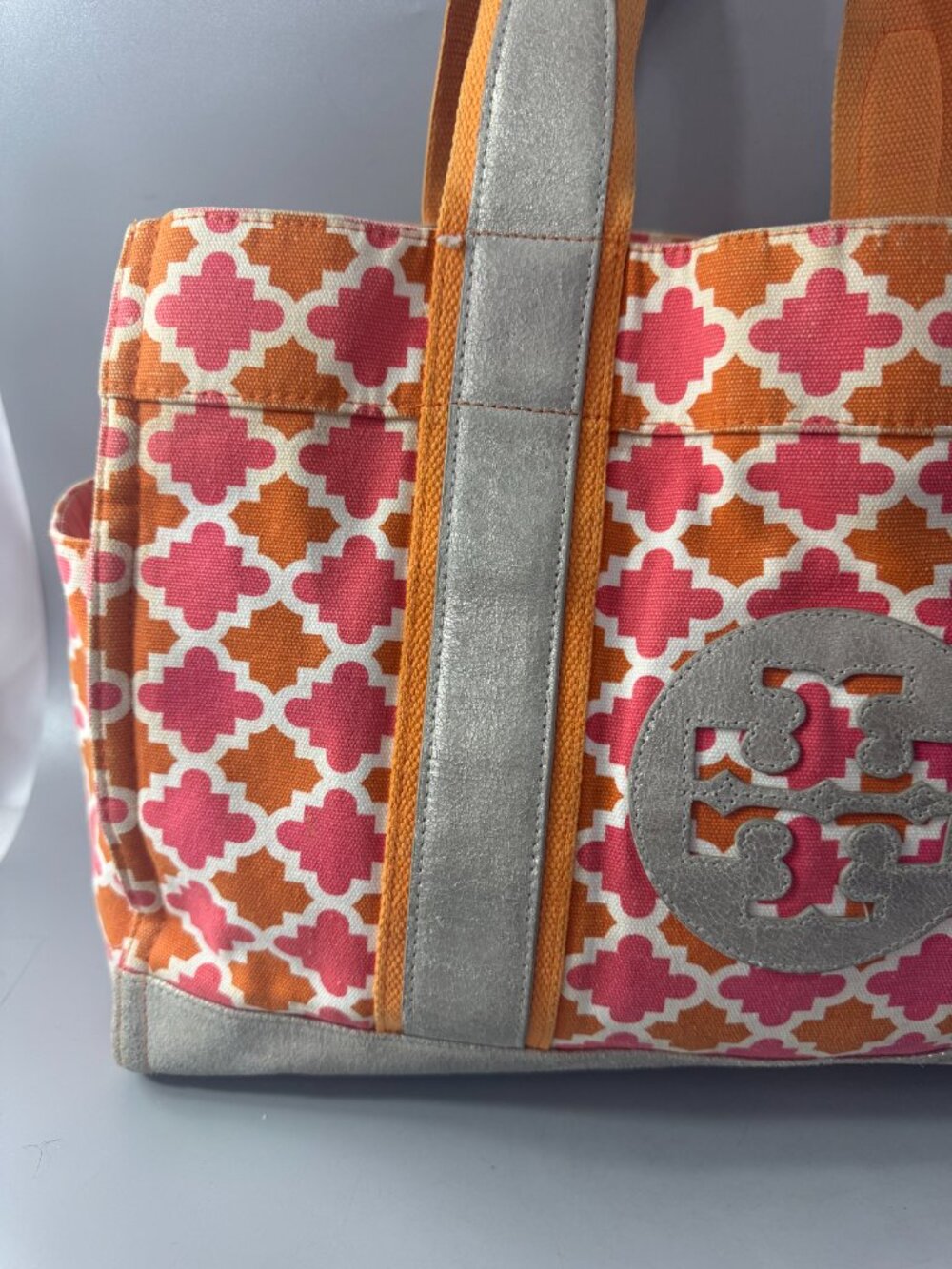 Tory Burch Orange/Pink Canvas w/Silver-tone Distressed Leather Large Tote Bag - Picture 2 of 15